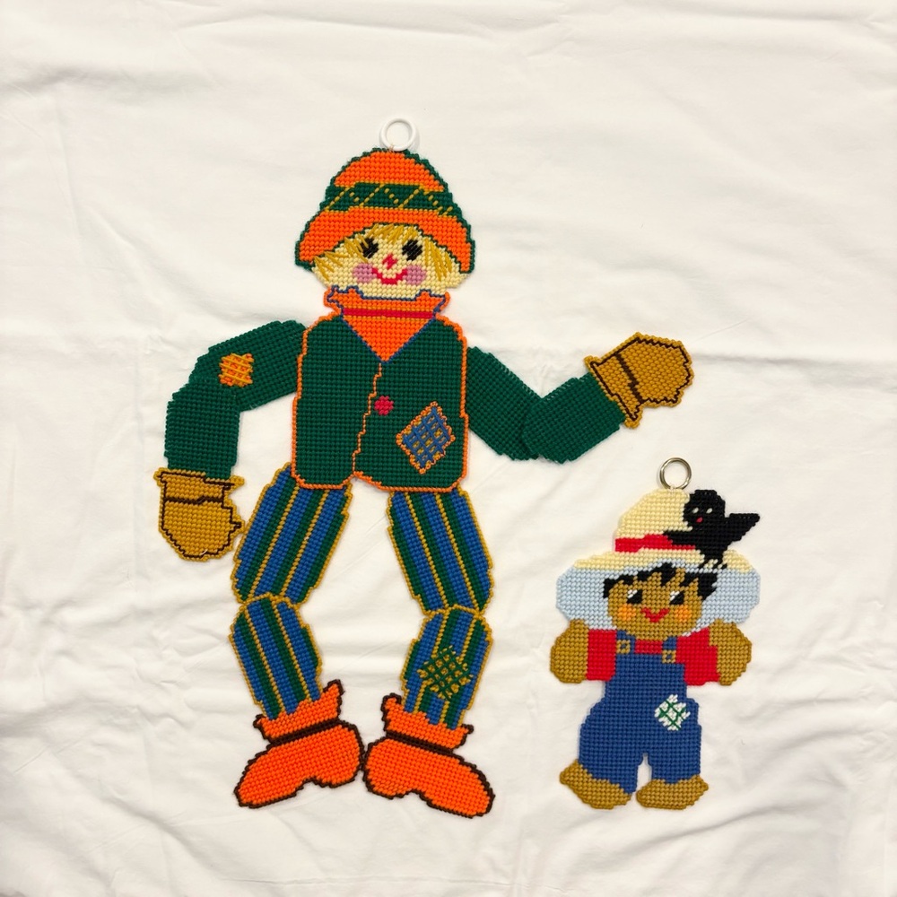 Vintage Halloween Scarecrows Hanging Needlepoint Pieces 1 W/Moveable Joints Fall